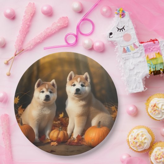 Akita Puppy Herfst Delight Pompoen Papieren Bordje (Feest)