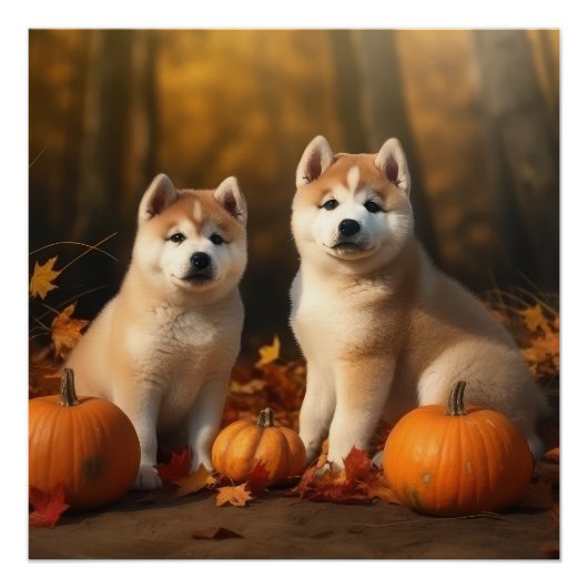 Akita Puppy Herfst Delight Pompoen Perfect Poster (Voorkant)