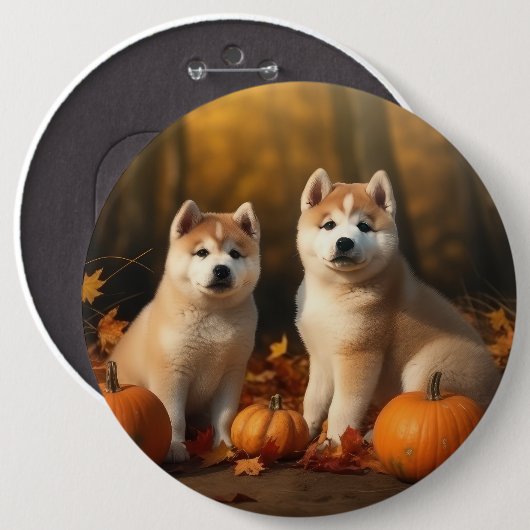 Akita Puppy Herfst Delight Pompoen Ronde Button 6,0 Cm (Voorkant /achterkant)