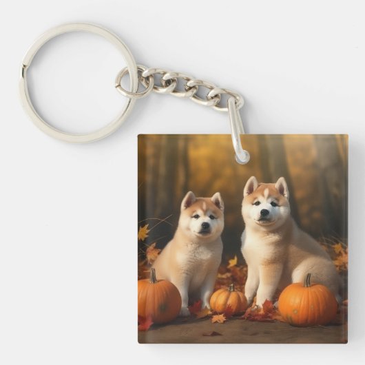 Akita Puppy Herfst Delight Pompoen Sleutelhanger (Voorkant)