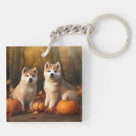 Akita Puppy Herfst Delight Pompoen Sleutelhanger (Achterkant)