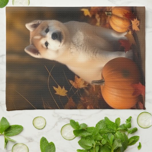 Akita Puppy Herfst Delight Pompoen Theedoek (Gevouwen)