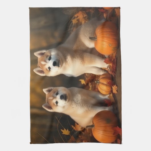 Akita Puppy Herfst Delight Pompoen Theedoek (Verticaal)