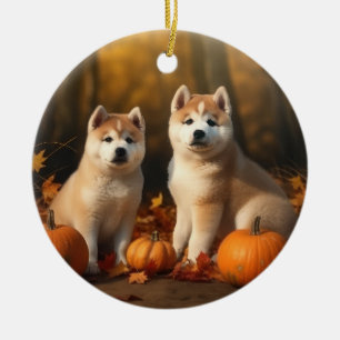 Akita Puppy Herfst Plezier Pompoen Keramisch Ornament