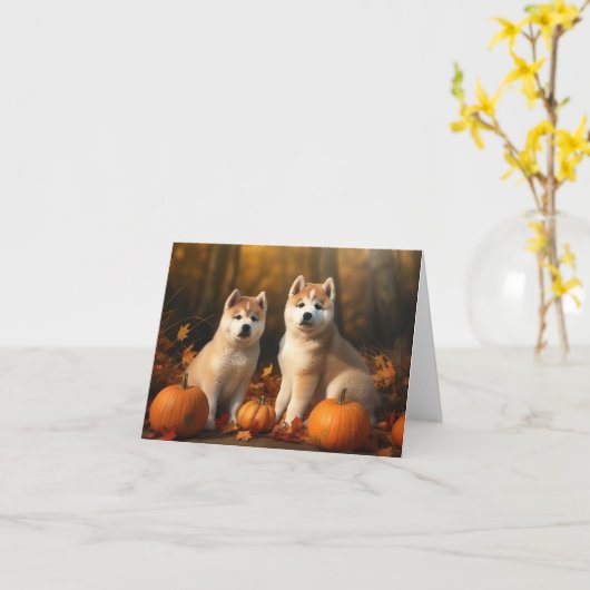 Akita Puppy Herfstpracht Pompoen Kaart (Gele Bloem)