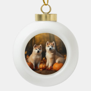 Akita Puppy Herfstpracht Pompoen Keramische Bal Ornament