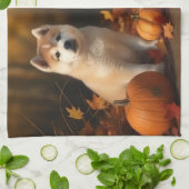 Akita Puppy Herfstvreugde Pompoen Theedoek (Gevouwen)