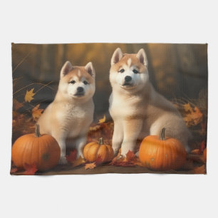 Akita Puppy Herfstvreugde Pompoen Theedoek