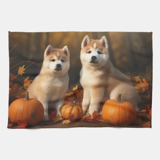 Akita Puppy Herfstvreugde Pompoen Theedoek (Horizontaal)