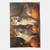 Akita Puppy Herfstvreugde Pompoen Theedoek (Verticaal)
