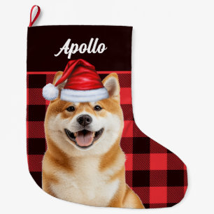 Akita Schattig Hond Rode Buffalo Plaid met Naam Grote Kerstsok