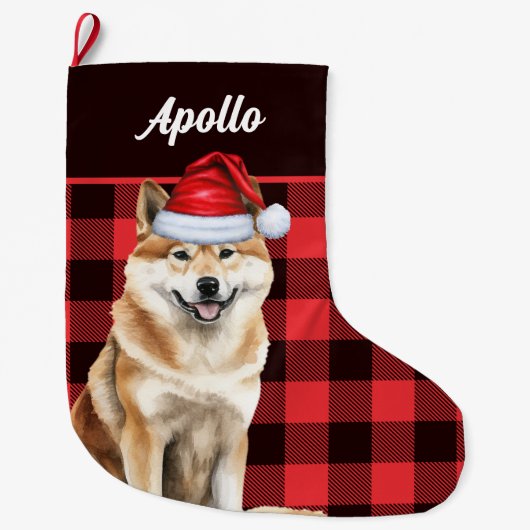 Akita Schattigee hond Red Buffalo Plaid met naam Grote Kerstsok (Voorkant)