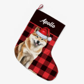 Akita Schattigee hond Red Buffalo Plaid met naam Grote Kerstsok (Voorkant (Hangend))