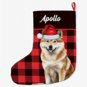 Akita Schattigee hond Red Buffalo Plaid met naam Grote Kerstsok (Achterkant)