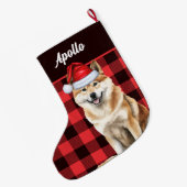Akita Schattigee hond Red Buffalo Plaid met naam Grote Kerstsok (Achterkant (Hangend))