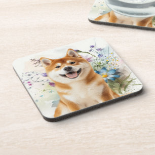 Akita Shiba Inu-hond met blauwe waterverf bloemen Bier Onderzetter