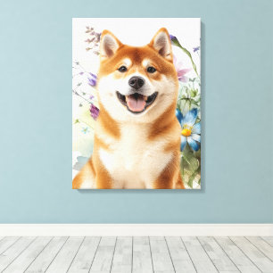 Akita Shiba Inu-hond met blauwe waterverf bloemen Canvas Afdruk
