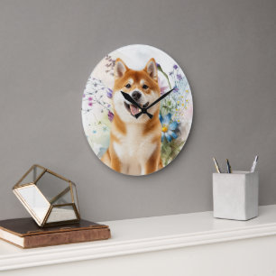 Akita Shiba Inu-hond met blauwe waterverf bloemen Grote Klok