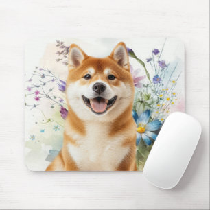 Akita Shiba Inu-hond met blauwe waterverf bloemen Muismat