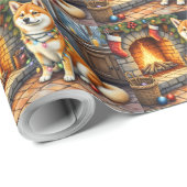 Akita Sitting by Fireplace with Christmas Lights Cadeaupapier (Rol Hoek)