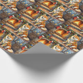 Akita Sitting by Fireplace with Christmas Lights Cadeaupapier (Hoek)