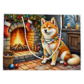 Akita Sitting by Fireplace with Christmas Lights Groot Cadeauzakje (Achterkant)