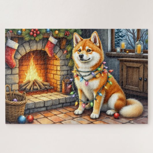 Akita Sitting by Fireplace with Christmas Lights Legpuzzel (Horizontaal)