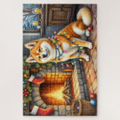 Akita Sitting by Fireplace with Christmas Lights Legpuzzel (Verticaal)