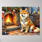 Akita Sitting by Fireplace with Christmas Lights Poster (Voorkant)