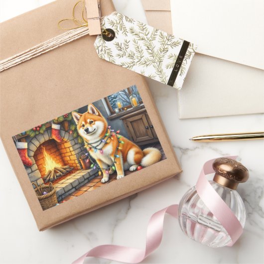 Akita Sitting by Fireplace with Christmas Lights Rechthoekige Sticker (Geschenken)