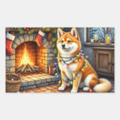 Akita Sitting by Fireplace with Christmas Lights Rechthoekige Sticker (Voorkant)