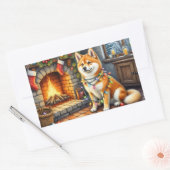 Akita Sitting by Fireplace with Christmas Lights Rechthoekige Sticker (Envelop)