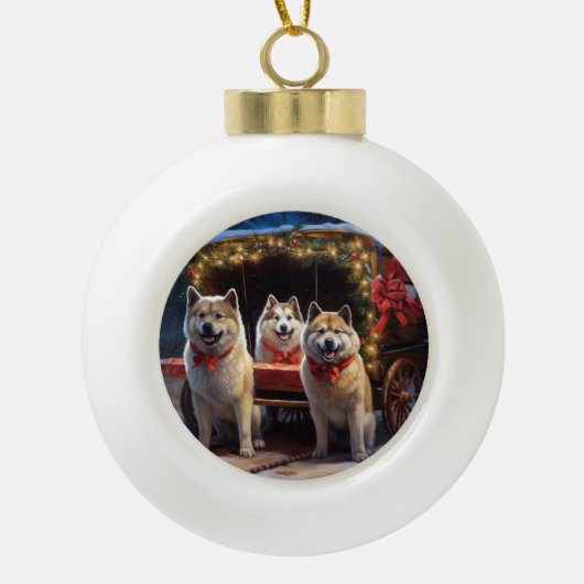 Akita Sneeuwrijke slee-rit Kerstdecoratie Keramische Bal Ornament (Voorkant)