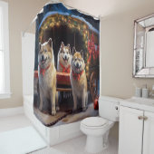 Akita Snowy Sleigh Ride Kerstdecoratie Douchegordijn (In situ)