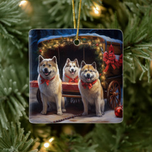 Akita Snowy Sleigh Ride Kerstdecoratie Keramisch Ornament