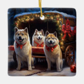 Akita Snowy Sleigh Ride Kerstdecoratie Keramisch Ornament (Voorkant)