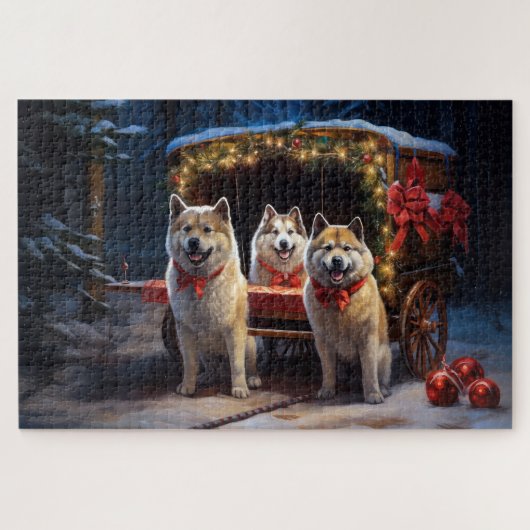 Akita Snowy Sleigh Ride Kerstdecoratie Legpuzzel (Horizontaal)