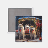 Akita Snowy Sleigh Ride Kerstdecoratie Magneet (Voorkant / Achterkant)