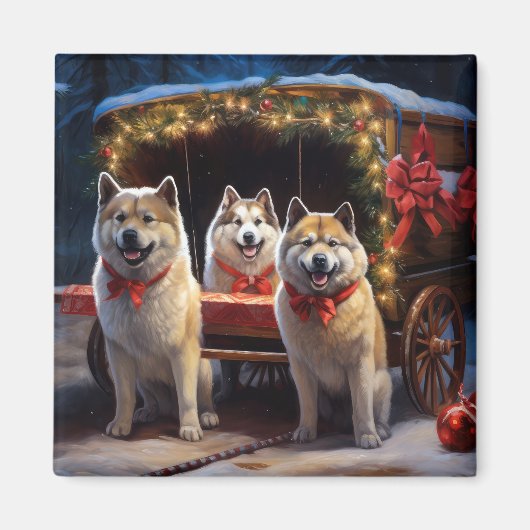Akita Snowy Sleigh Ride Kerstdecoratie Magneet (Voorkant)