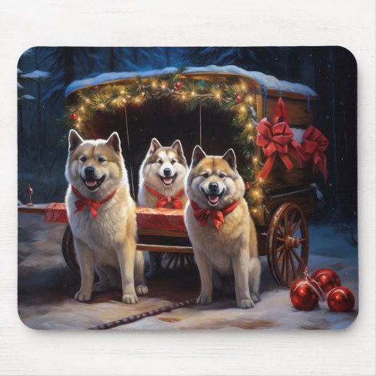 Akita Snowy Sleigh Ride Kerstdecoratie Muismat (Voorkant)