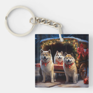 Akita Snowy Sleigh Ride Kerstdecoratie Sleutelhanger