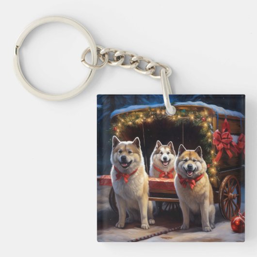 Akita Snowy Sleigh Ride Kerstdecoratie Sleutelhanger (Voorkant)