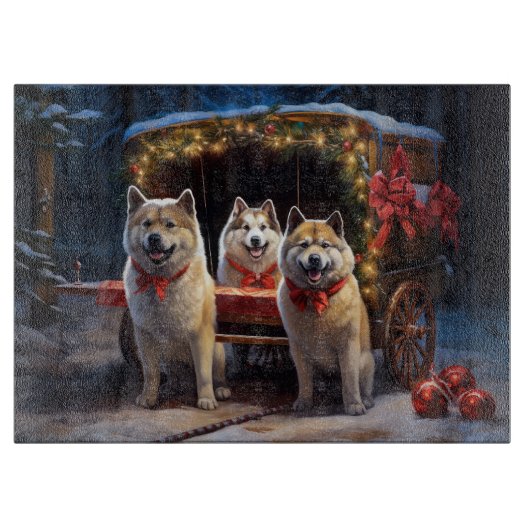Akita Snowy Sleigh Ride Kerstdecoratie Snijplank (Voorkant)