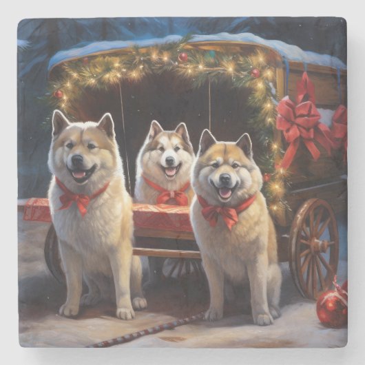Akita Snowy Sleigh Ride Kerstdecoratie Stenen Onderzetter (Voorkant)