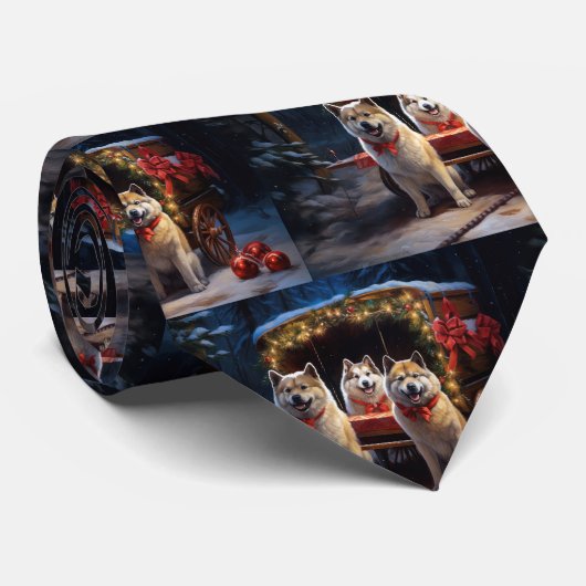 Akita Snowy Sleigh Ride Kerstdecoratie Stropdas (Opgerold)