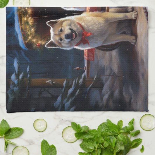 Akita Snowy Sleigh Ride Kerstdecoratie Theedoek (Gevouwen)