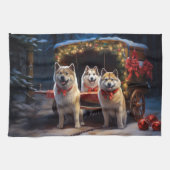 Akita Snowy Sleigh Ride Kerstdecoratie Theedoek (Horizontaal)