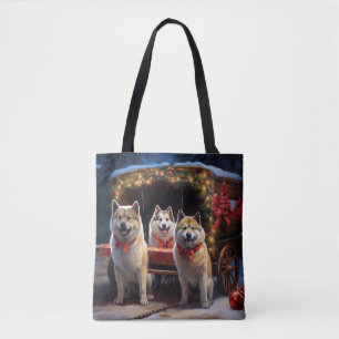 Akita Snowy Sleigh Ride Kerstdecoratie Tote Bag