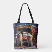 Akita Snowy Sleigh Ride Kerstdecoratie Tote Bag (Achterkant)