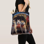Akita Snowy Sleigh Ride Kerstdecoratie Tote Bag (Dichtbij)